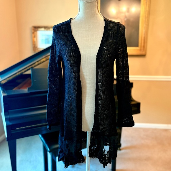 Studio Gem Sweaters - Open-Front Black Lace-Hem Women's Cardigan